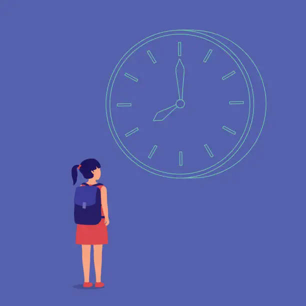 Vector illustration of Little Girl Looking At The Clock, Waiting Time To Pass.