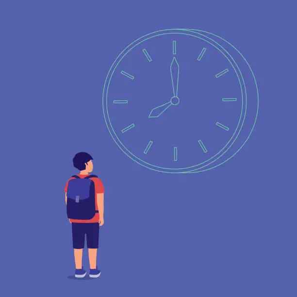 Vector illustration of Little Boy Looking At The Clock, Waiting Time To Pass.