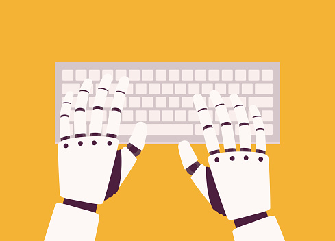 Top View Of Both Robotic’s Hand Typing On Wireless Computer Keyboard. Isolated On Color Background.