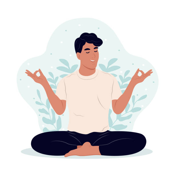 ilustrações, clipart, desenhos animados e ícones de dia internacional do yoga. jovem meditando com os olhos fechados e as pernas cruzadas ao ar livre. - jogo internacional