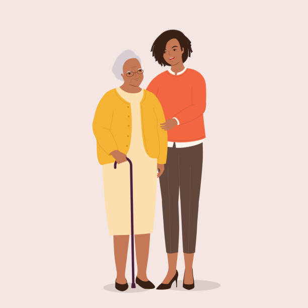 Black Adult Woman Helping Senior Woman. Smiling Black Adult Woman Holding Arm Of A Senior Woman With Walking Cane. Isolated On Color Background. community outreach stock illustrations