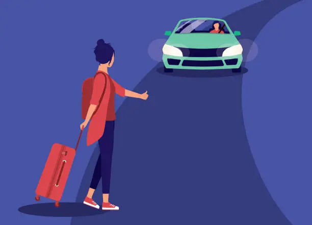Vector illustration of Woman Asking A Male Stranger For A Car Ride On A Quiet Road At Night. Hitchhiking, Thumbing, Auto Stop.