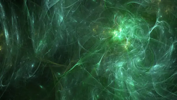 Photo of Abstract green fractal art background banner which suggests smoke, gas, plasma or a nebula or deep space anomaly.