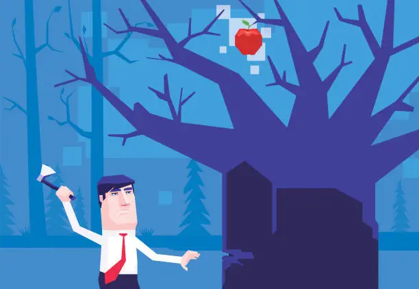 Vector illustration of businessman chopping apple tree