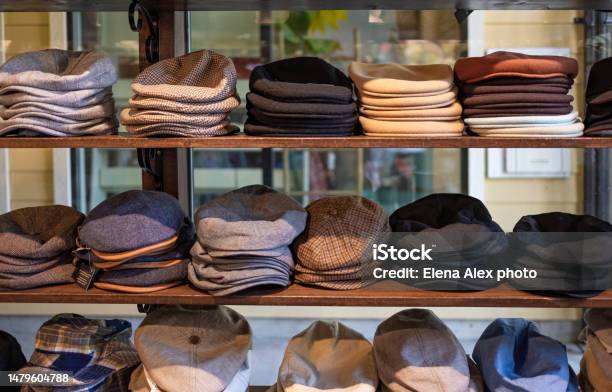 Varieties Of Caps And Hats For Men On The Shelf Of A Clothing Shop Peaky Blinders Style Hats 1920s Years Style Stock Photo - Download Image Now