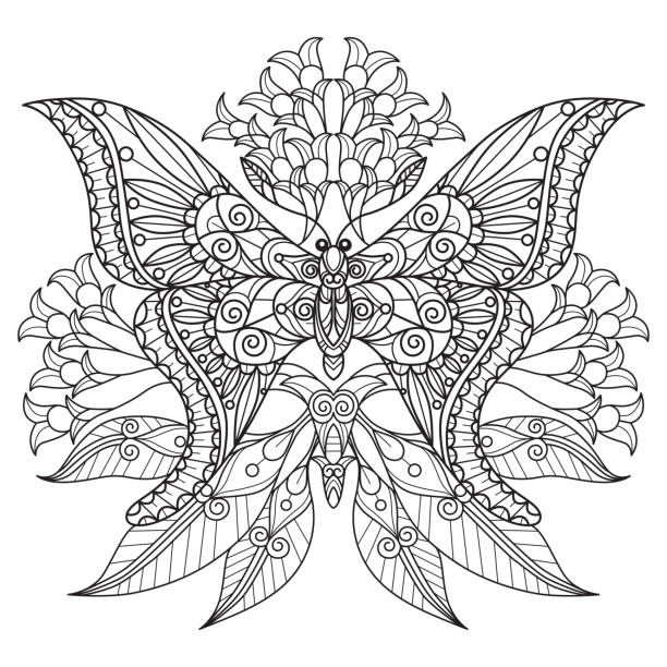 ilustrações de stock, clip art, desenhos animados e ícones de cute butterfly hand drawn for adult coloring book - summer backgrounds line art butterfly