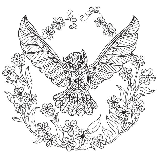 Flower and owl hand drawn for adult coloring book Hand drawn sketch illustration for adult coloring book vector was made in eps 10. background of a owl black and white stock illustrations