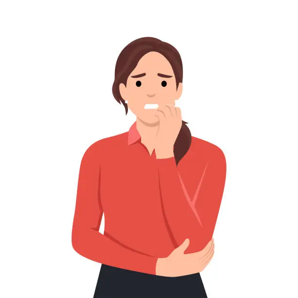 Vector illustration of Emotion, face, expression, problem, mental stress, worry, depression, anxiety concept. Young anxious worried woman girl teenager character looking stressed and nervous with hands on mouth