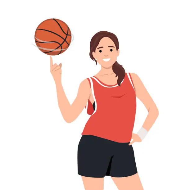 Vector illustration of Smiling young woman athlete spin ball on finger. Happy girl basketball player play with ball. Sport and game activity