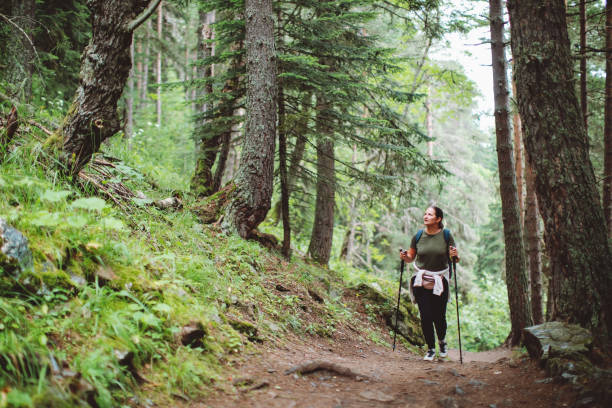 Adult woman hiking at forest stock photo