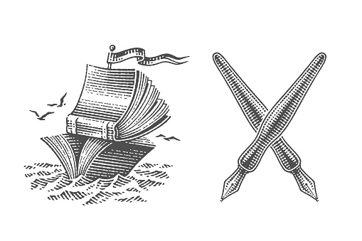 Calligraphic pens. Ship and books, school, education and library. Hand drawn engraving style vector illustration.