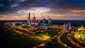 Aerial view of a modern coal power plant at sunrise, Opole, Poland