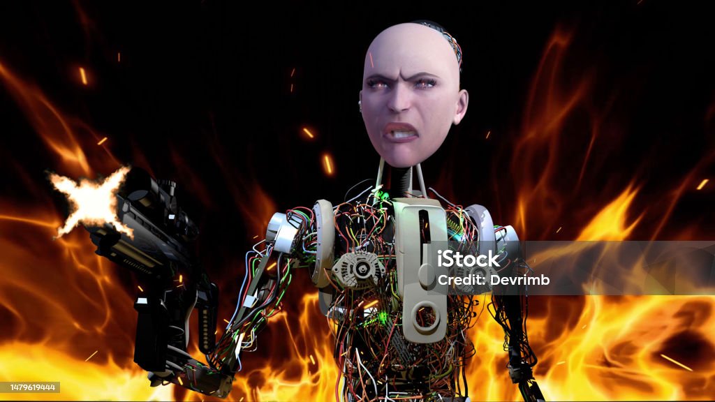 The Dangerous Uprising of Artificial Intelligence Terminator robot is shooting machine gun in flames. In the future, artificial intelligence will become even more intelligent. Reasoned robots can cause rebellion in the future. They may participate in dangerous protest actions. / You can see the animation movie of this image from my iStock video portfolio. Video number: 1479421345 Machine Gun Stock Photo