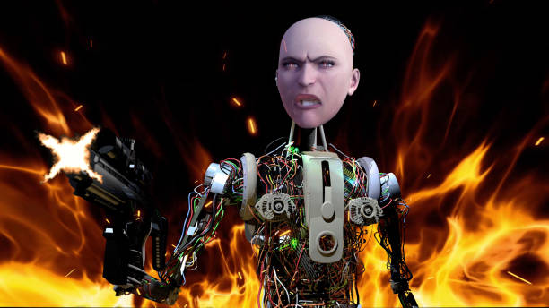 The Dangerous Uprising of Artificial Intelligence Terminator robot is shooting machine gun in flames. In the future, artificial intelligence will become even more intelligent. Reasoned robots can cause rebellion in the future. They may participate in dangerous protest actions. / You can see the animation movie of this image from my iStock video portfolio. Video number: 1479421345 gunman stock pictures, royalty-free photos & images