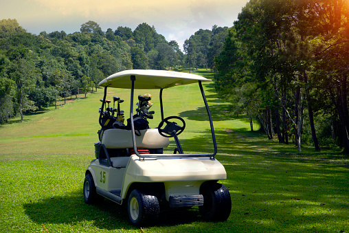 A blue golf cart in the golf course during morning