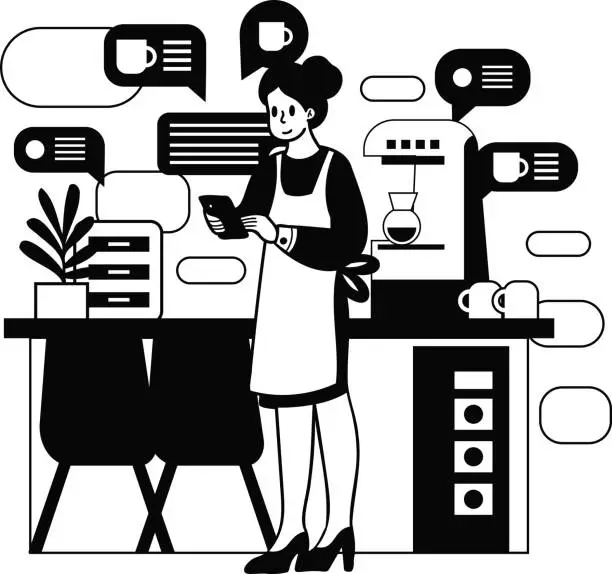 Vector illustration of Female barista taking orders from smartphone illustration in doodle style