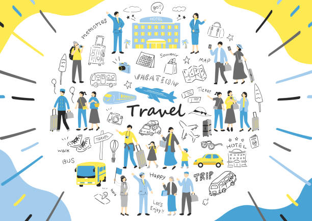 illustrazioni stock, clip art, cartoni animati e icone di tendenza di set di illustrazioni per chi ama viaggiare - bus family travel destinations women