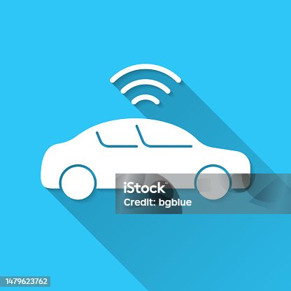 istock Connected car. Icon on blue background - Flat Design with Long Shadow 1479623762