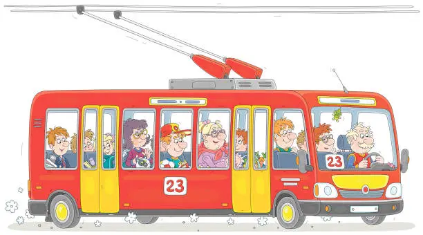 Vector illustration of Trolleybus with a funny driver full of noisy passengers