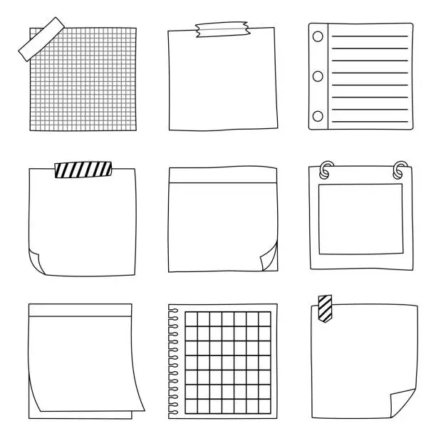 Vector illustration of Set of doodle message sticky note papers. Hand drawn vector illustration. Black and white on White background.