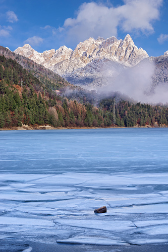 Aerial landscape of the frozen lake in Poland at sunset