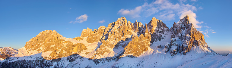 Panoramic view of the Pale di San Martino at sunset (Dolomites - Italy)
