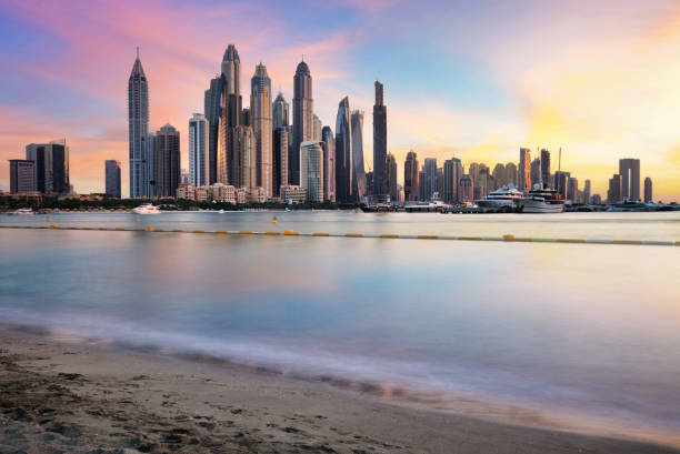 istock Dubai skyline Marina with reflecion at colorful sunset, UEA 1479628215