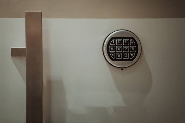 istock Strongbox steel closed gray safety deposit box with digital combination code 1479629787
