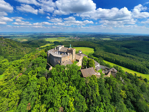 The first building of the castle dates back to the 13th century. Buchlov is one of the oldest castles in the Czech Republic, Moravia - Aerial view