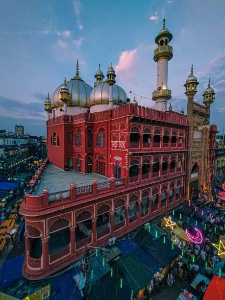 Nakhoda Mosque, the biggest Mosque in Kolkata, is decorated and enlightened beautifully during the ramadan month, 2023.