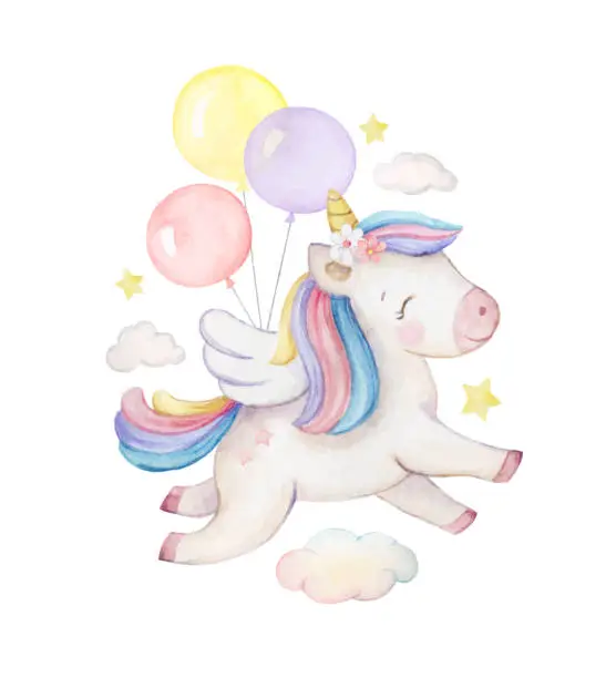 Vector illustration of Watercolor vector pony with balloons isolated on a white background. Design for baby shirt design, nursery decor, card making, party invitations, party tags, logos, packaging, greeting cards, print fabrics, D.I.Y. and other projects.