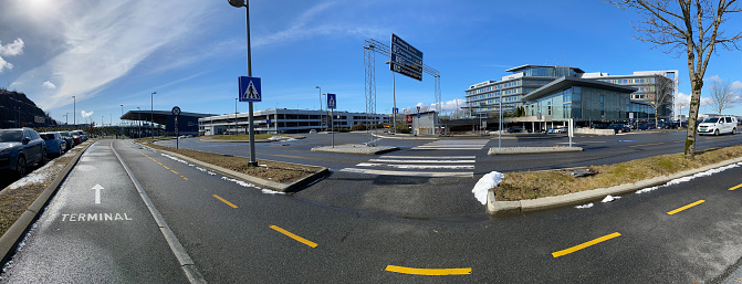 General views of the Airport and terminal buildings of Bergen in Norway on a winter day with blue sky