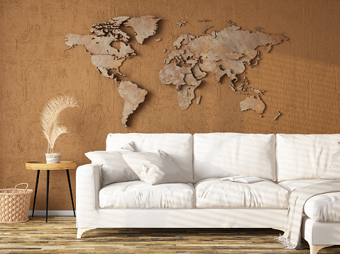 Cozy Interior with Wooden World Map Wall Art. 3D Render