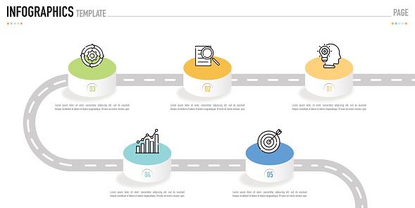 Circular isometric infographic template or element as a vector with 5 step, process, option, colorful 3D bar, stage, column, icons, origami, funnel, stair for sale slide, minimal modern simple style