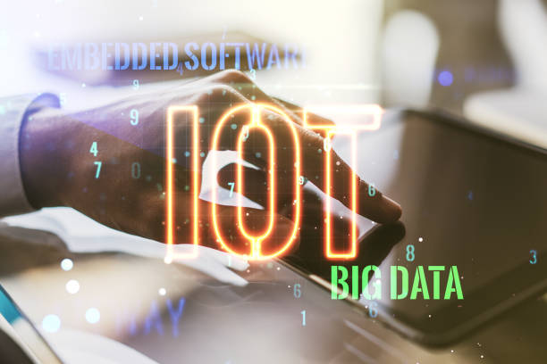 istock Creative IOT illustration with finger presses on a digital tablet on background, future technology concept. Multiexposure 1479639974