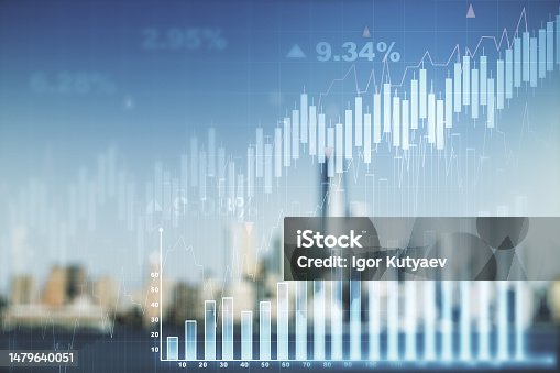 istock Multi exposure of abstract virtual financial graph hologram on blurry skyline background, forex and investment concept 1479640051
