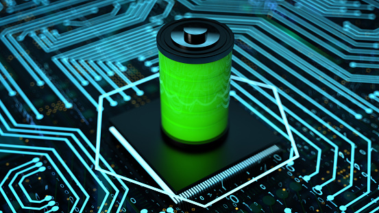 CPU and Computer chip with Green Battery. 3D Render
