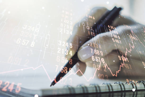 istock Double exposure of abstract creative statistics data hologram with woman hand writing in notepad on background, analytics and forecasting concept 1479640091