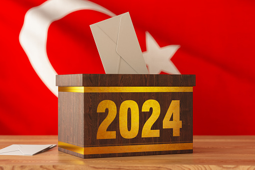 2024 Turkiye Elections Concept with a Wooden Ballot Box and Turkish Flag. 3D Render