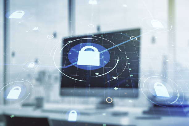 istock Creative idea concept with lock symbol and microcircuit illustration on modern laptop background. Protection and firewall concept. Multiexposure 1479640163