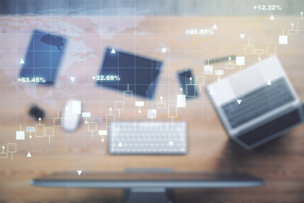 istock Multi exposure of abstract creative financial graph with world map on modern laptop background, forex and investment concept 1479640172