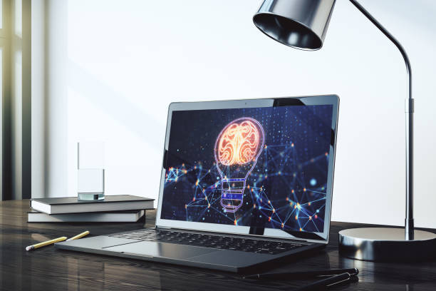 istock Modern computer monitor with creative light bulb hologram with human brain, idea and brainstorming concept. 3D Rendering 1479640184