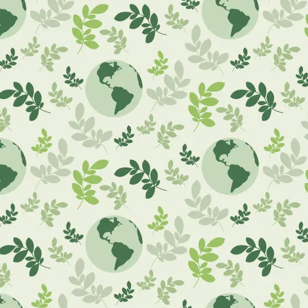 Vector illustration of Earth day seamless pattern. International Mother Earth Day. Ecology with globe Earth, and leaves. Vector illustration.