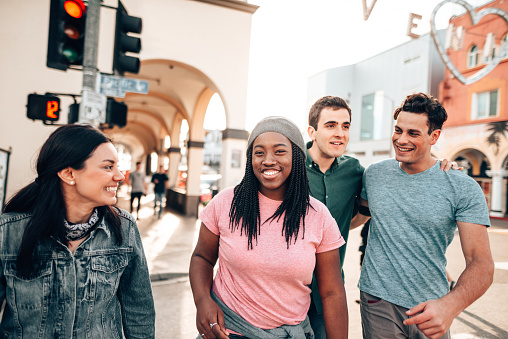 friends walking all together on venice beach