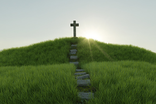 3D rendering of hilly grassland with stairs to an ancient cross monument