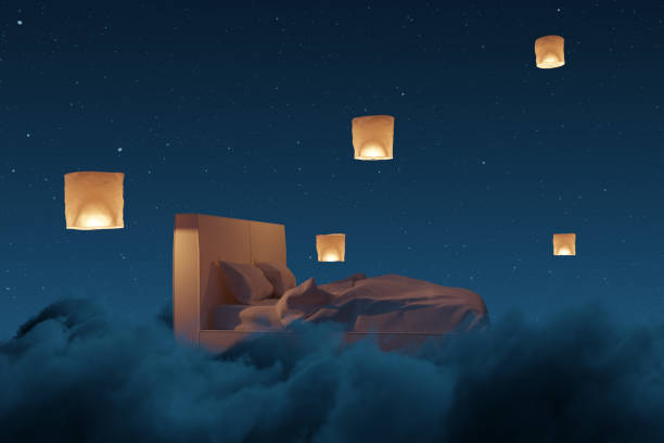 istock 3D rendering of cosy bed illuminated by sky lantern. The bed flying over fluffy clouds at night 1479641010