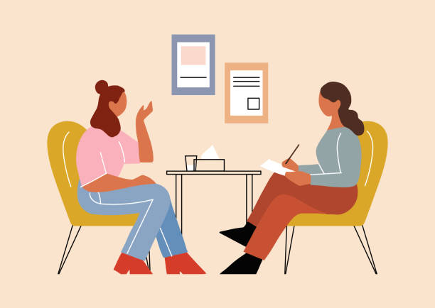 Two women communicate in the office, concept illustration for psychotherapy, job interview, adolescent psychologist, school problems. Modern flat vector illustration. Two women communicate in the office, concept illustration for psychotherapy, job interview, adolescent psychologist, school problems. Modern flat vector illustration school receptionist stock illustrations