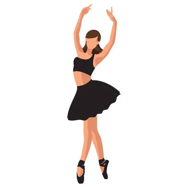 Vector illustration of Vector illustration classical ballet. Caucasian white woman ballet dancer in black tutu and pointe shoes dancing on white background. Beautiful young faceless ballerina in a flat style.