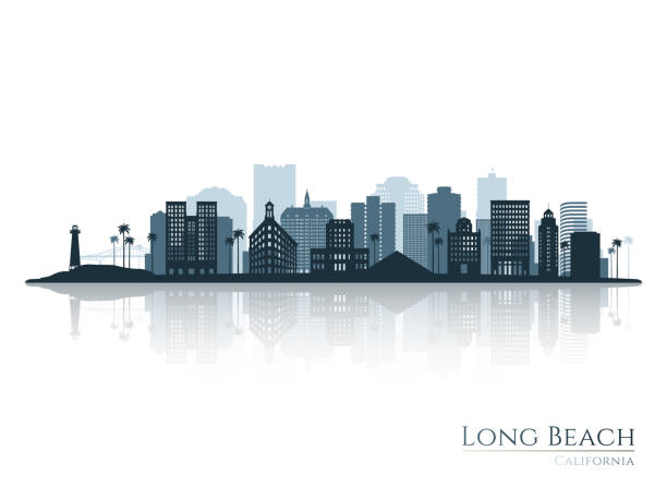 ilustrações, clipart, desenhos animados e ícones de silhueta do horizonte de long beach com reflexo. paisagem long beach, califórnia. ilustração vetorial. - seaside industrial