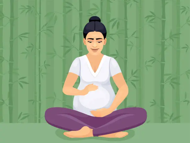 Vector illustration of Pregnant woman holding her belly. Meditation concept. Yoga woman in lotus pose.